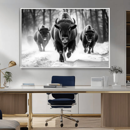 97552-MGV-CV-36X24-Black and White Bison Wall Art – Buffalo Herd Running in Snow Canvas Print, Rustic Wildlife Photography Decor for Cabin, Lodge, or