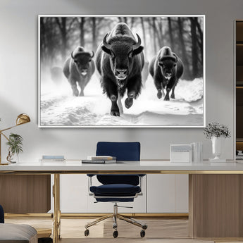 97552-MGV-FC-36X24_White-Black and White Bison Wall Art – Buffalo Herd Running in Snow Canvas Print, Rustic Wildlife Photography Decor for Cabin, Lodge, or