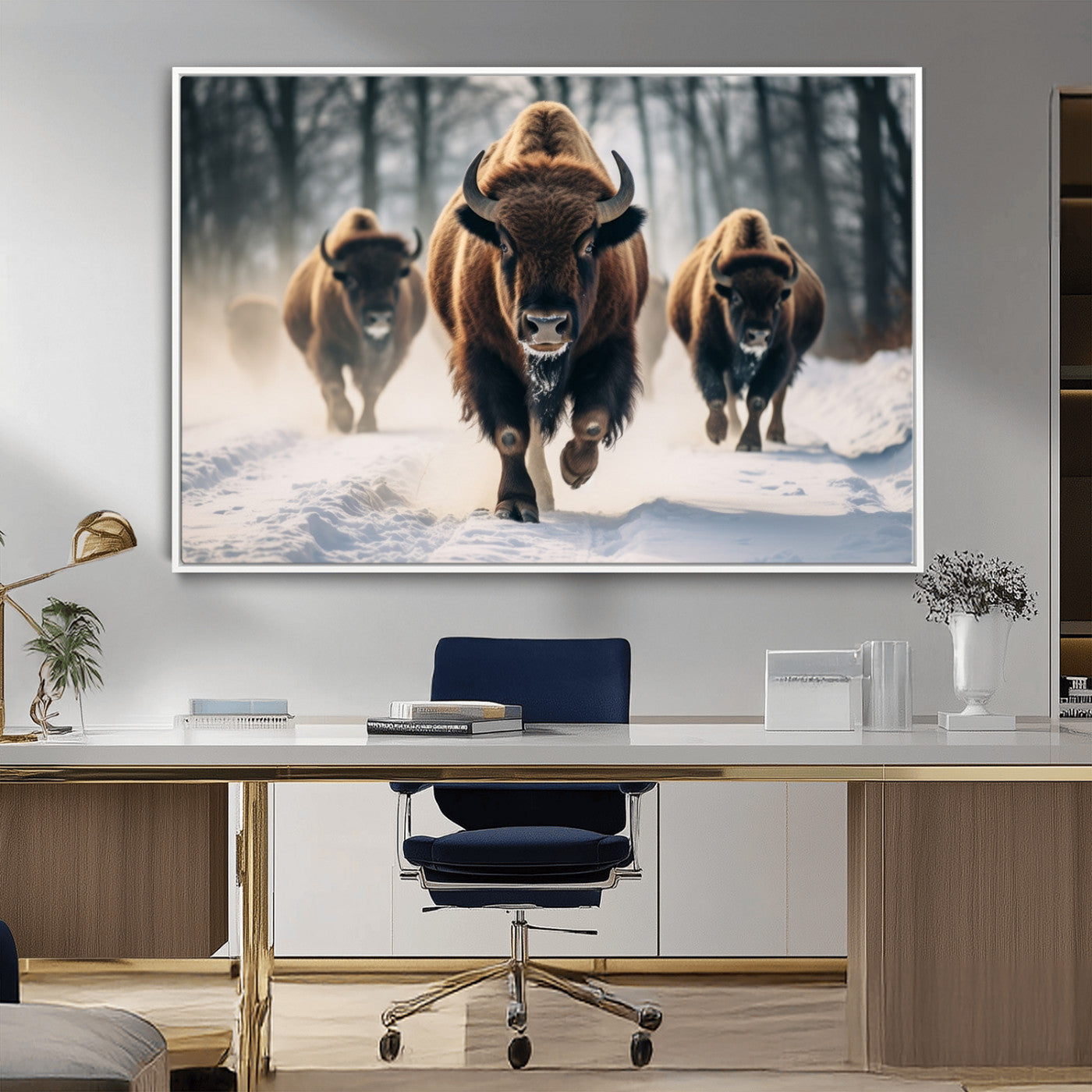 56549-MGV-FC-36X24_White-Wild Bison Wall Art – Majestic Buffalo Herd Running in Snow Canvas Print, Rustic Wildlife Photography Decor for Cabin, Lodge, or