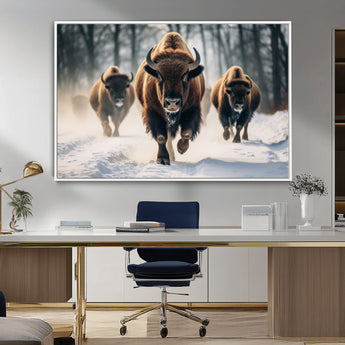56549-MGV-CV-36X24-Wild Bison Wall Art – Majestic Buffalo Herd Running in Snow Canvas Print, Rustic Wildlife Photography Decor for Cabin, Lodge, or