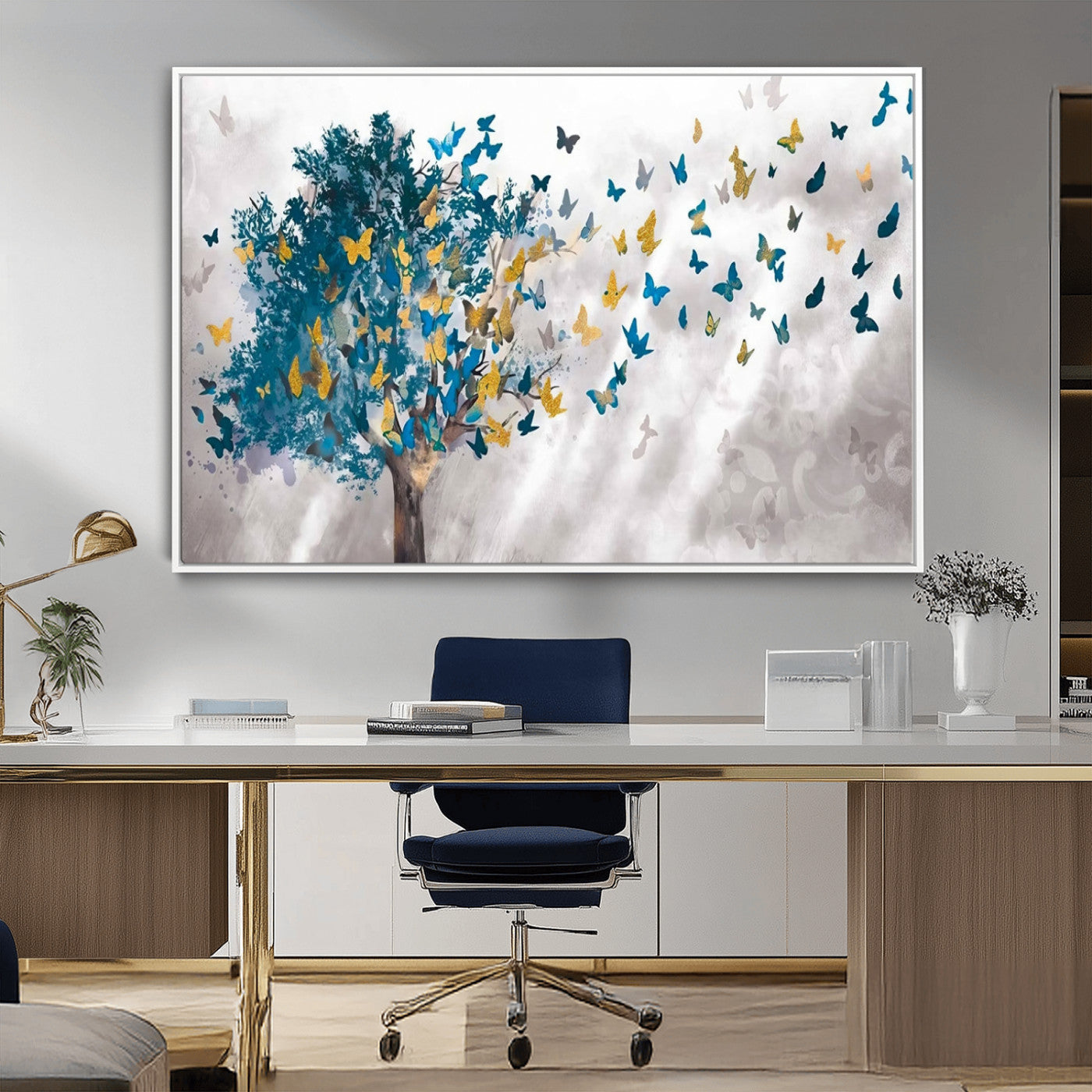37564-MGV-CV-36X24-Butterfly Tree Wall Art – Modern Nature Canvas Print with Blue and Golden Butterflies, Elegant Decorative Painting for Living Room