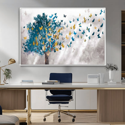 37564-MGV-CV-36X24-Butterfly Tree Wall Art – Modern Nature Canvas Print with Blue and Golden Butterflies, Elegant Decorative Painting for Living Room