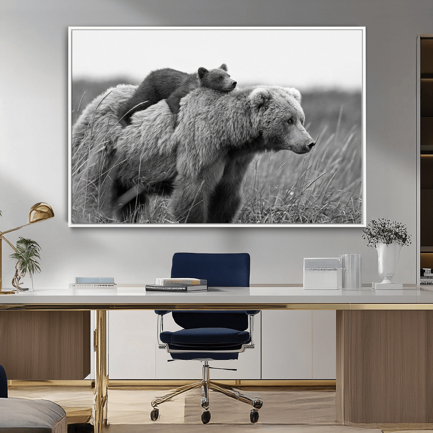 76338-MGV-CV-36X24-Mother Bear and Cub Wall Art – Black and White Wildlife Canvas Print, Rustic Nature Photography for Cabin, Living Room or Office
