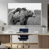 76338-MGV-CV-36X24-Mother Bear and Cub Wall Art – Black and White Wildlife Canvas Print, Rustic Nature Photography for Cabin, Living Room or Office