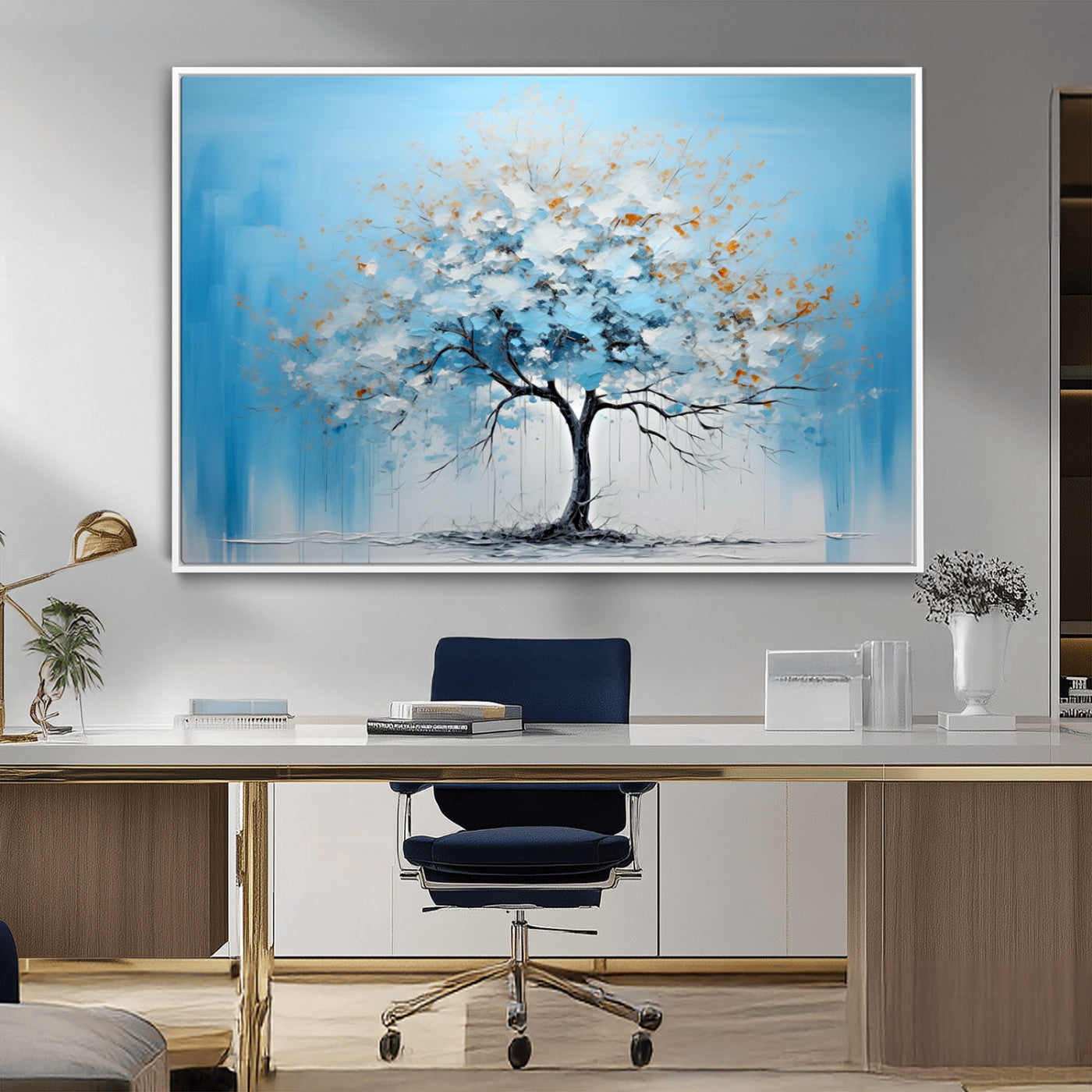 25021-MGV-CV-36X24-Abstract Tree Wall Art – Blue and White Canvas Painting with Gold Accents, Modern Nature-Inspired Artwork for Living Room, Bedroom