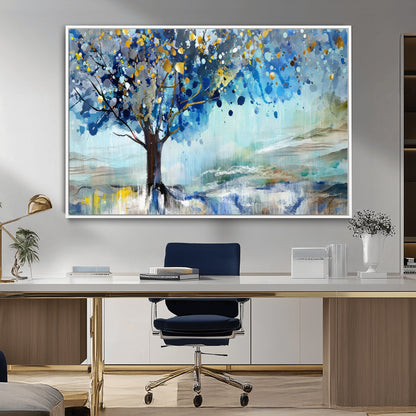 17018-MGV-CV-36X24-Abstract Blue Tree Wall Art – Colorful Canvas Painting with Gold and Silver Accents, Modern Nature Artwork for Living Room,