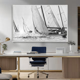 Boat-1-MGV-CV-36X24-Sailboat Racing Wall Art – Nautical Black and White Canvas Print, Ocean Adventure Decor for Office, Living Room or Bedroom