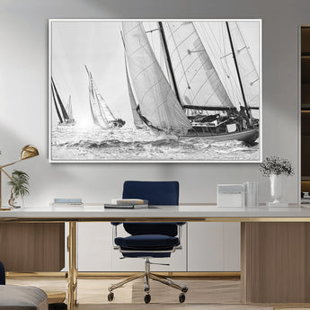 Boat-1-MGV-CV-36X24-Sailboat Racing Wall Art – Nautical Black and White Canvas Print, Ocean Adventure Decor for Office, Living Room or Bedroom