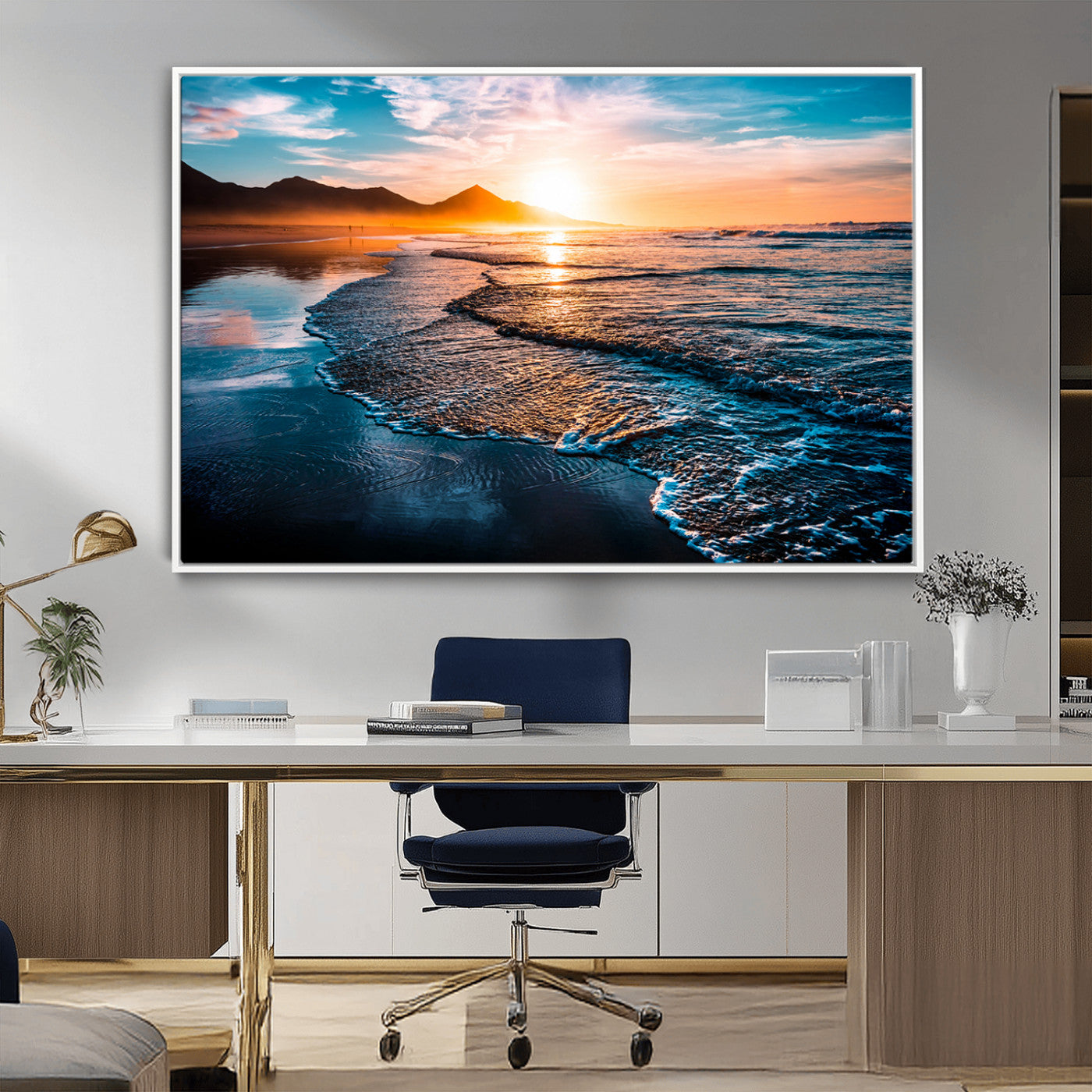 26494-MGV-CV-36X24-Ocean Sunset Wall Art – Scenic Beach Canvas Print with Waves and Mountains, Coastal Seascape Photography for Living Room, Bedroom