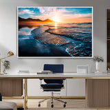 26494-MGV-CV-36X24-Ocean Sunset Wall Art – Scenic Beach Canvas Print with Waves and Mountains, Coastal Seascape Photography for Living Room, Bedroom