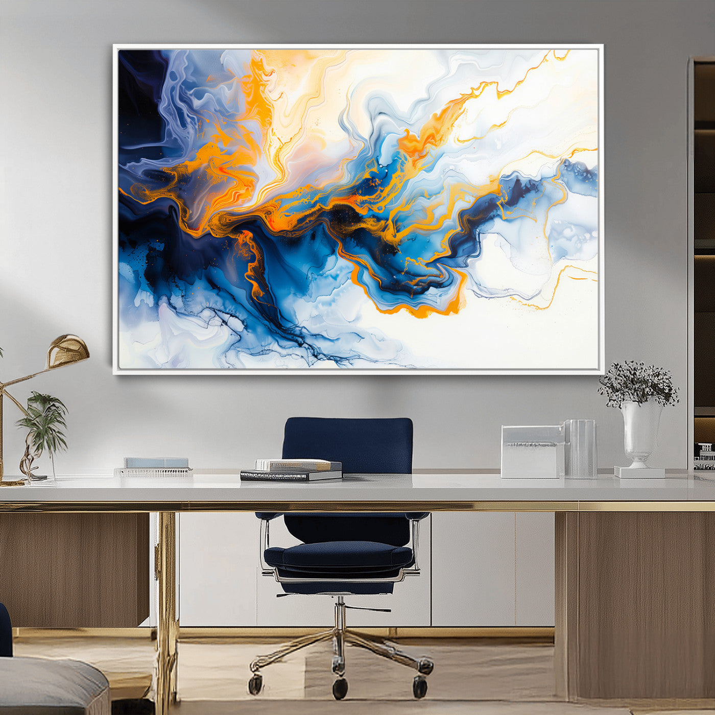 83720-MGV-CV-36X24-Abstract Fluid Wall Art – Blue, White and Gold Swirl Canvas Painting, Modern Contemporary Artwork for Living Room, Bedroom or