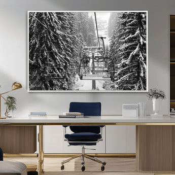 19240-MGV-CV-36X24-Ski Lift Wall Art – Black and White Winter Mountain Canvas Print, Snowy Forest Ski Resort Photography for Cabin, Lodge, Office or