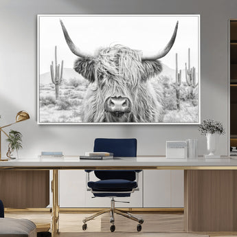 94579-MGV-CV-36X24-Highland Cow Wall Art – Black and White Longhorn Canvas Print, Rustic Western Farmhouse Animal Photography for Living Room,