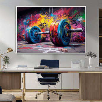 13549-MGV-FC-36X24_White-Graffiti Gym Wall Art Canvas Print, Framed Graffiti Barbell Art Picture Print, Weightlifting Perfect Fitness Studio Decor Artwork