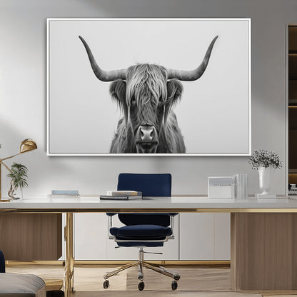 35820-MGV-CV-36X24-Minimalist Highland Cow Wall Art – Black and White Longhorn Cattle Canvas Print, Modern Farmhouse Animal Photography Decor for