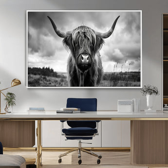 17924-MGV-CV-36X24-Highland Cow Wall Art – Black and White Rustic Longhorn Cattle Canvas Print, Farmhouse Animal Photography Decor for Country Home