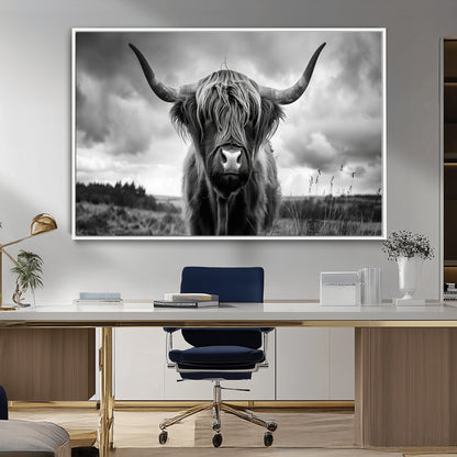 17924-MGV-CV-36X24-Highland Cow Wall Art – Black and White Rustic Longhorn Cattle Canvas Print, Farmhouse Animal Photography Decor for Country Home