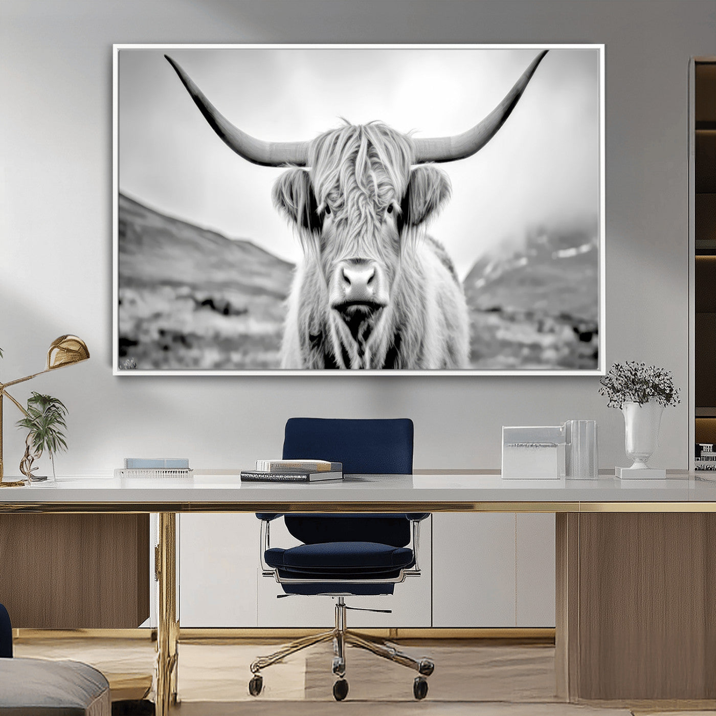 80564-MGV-CV-36X24-Highland Cow Wall Art – Black and White Scottish Highland Canvas Print, Rustic Farmhouse Decor for Living Room, Bedroom or Office