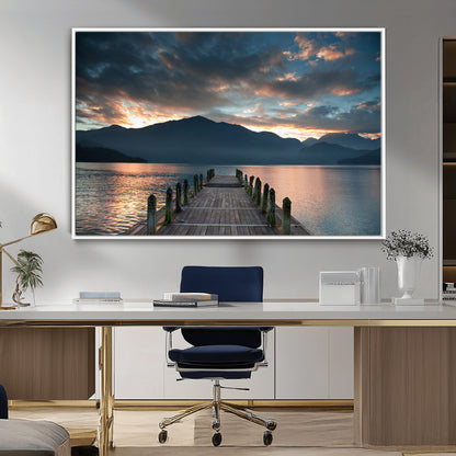 20442-MGV-CV-36X24-Lakeside Sunset Dock Wall Art – Peaceful Mountain Lake Canvas Print, Serene Nature Landscape Decor for Living Room, Bedroom or