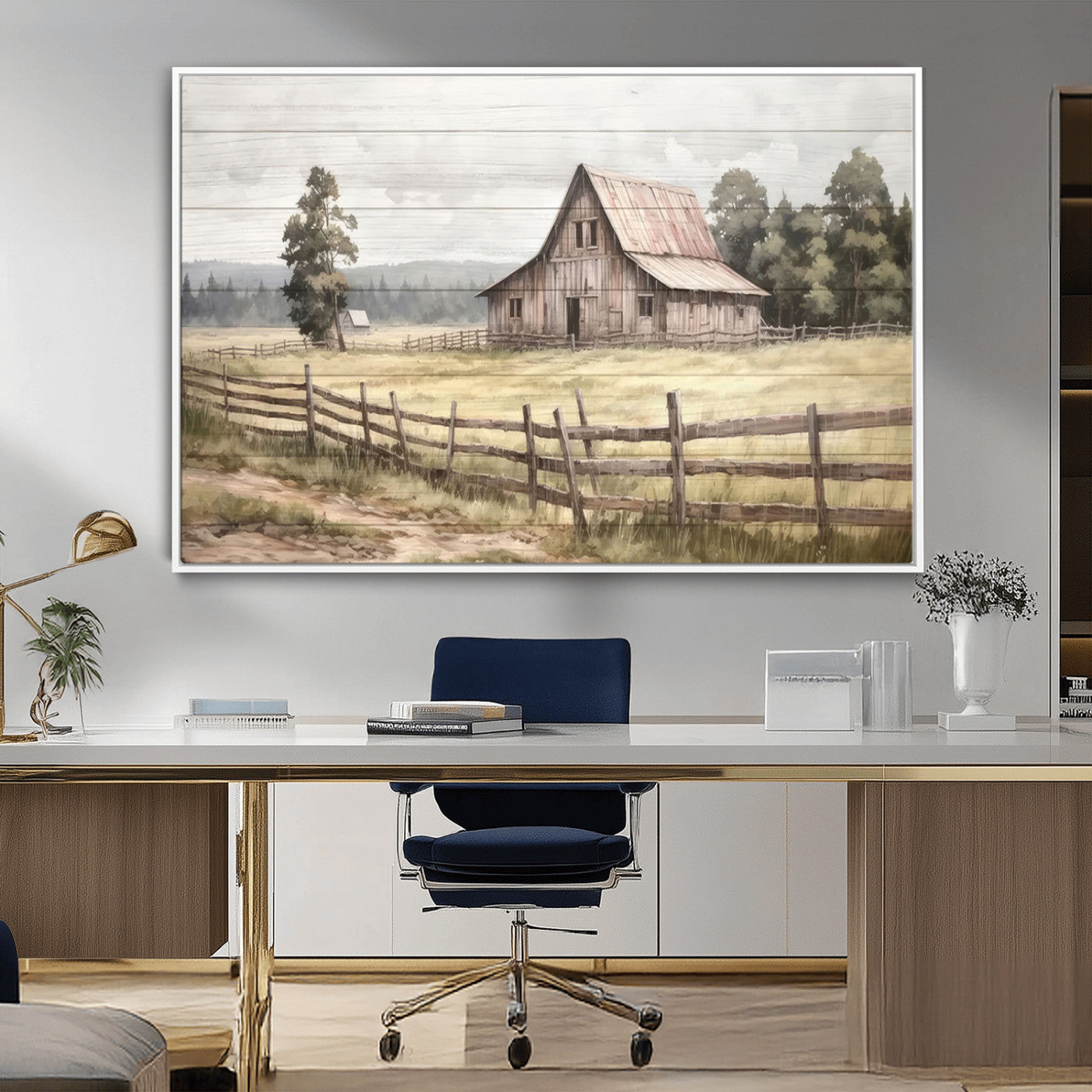 87489-MGV-CV-36X24-Rustic Barn Wall Art – Vintage Farmhouse Canvas Print with Wooden Fence, Country Landscape Decor for Living Room, Kitchen or