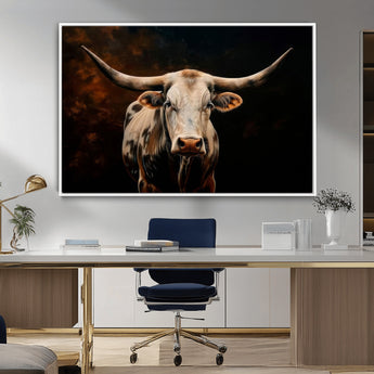 70522-MGV-CV-36X24-Longhorn Bull Wall Art – Striking Canvas Print of Majestic Bull, Premium Animal Decor for Home, Office, Man Cave, or Living Room