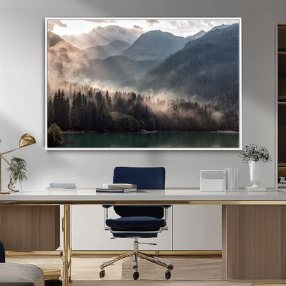 61116-MGV-CV-36X24-Misty Mountain Lake Wall Art – Tranquil Foggy Forest and Lake Canvas Print, Scenic Nature Landscape Decor for Living Room or