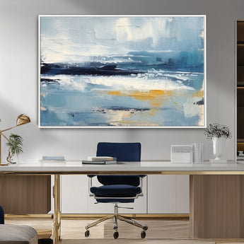 19746-MGV-CV-36X24-Abstract Ocean Wall Art – Modern Coastal Canvas Print with Blue, White and Gold Textures, Contemporary Seascape Painting for