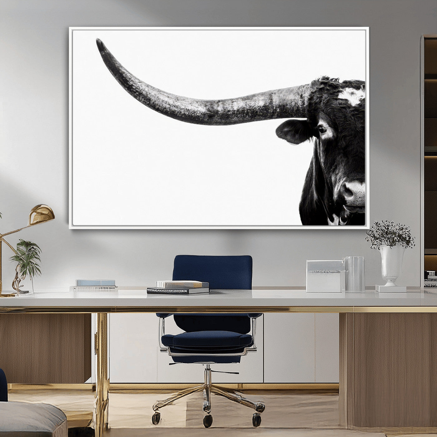31699-MGV-CV-36X24-Longhorn Wall Art – Black and White Texas Longhorn Cow Canvas Print, Rustic Western Farmhouse Artwork for Living Room, Bedroom or