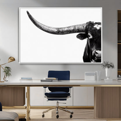 31699-MGV-CV-36X24-Longhorn Wall Art – Black and White Texas Longhorn Cow Canvas Print, Rustic Western Farmhouse Artwork for Living Room, Bedroom or