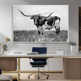 94709-MGV-CV-36X24-Texas Longhorn Wall Art – Black and White Bull Photography Canvas Print, Western Farmhouse Wall Decor for Living Room, Office or