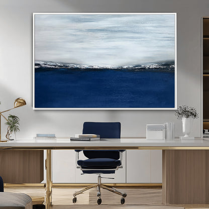 62197-MGV-FC-36X24_White-Abstract Ocean Wall Art – Minimalist Blue and White Canvas Print, Modern Coastal Seascape Painting for Bedroom, Living Room or