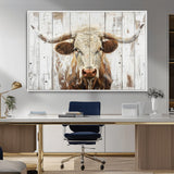 71551-MGV-CV-36X24-Longhorn Bull Wall Art – Rustic Western Cow Canvas Print, Farmhouse Animal Painting with Wood Plank Style for Living Room, Office