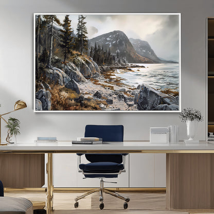 41281-MGV-FC-36X24_White-Rocky Shoreline Wall Art – Panoramic Mountain Coast and Forest Canvas Print, Rustic Nature Landscape Decor for Cabin, Lodge, or
