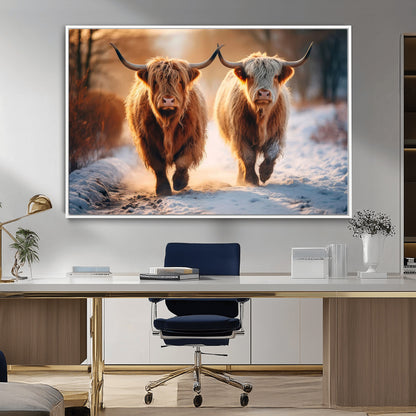 50490-MGV-FC-36X24_White-Highland Cow Wall Art – Rustic Panoramic Canvas Print Two Cattle Snowy Landscape, Farmhouse Country Decor for Living Room Office