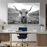 52903-MGV-CV-36X24-Highland Cow Wall Art – Black and White Canvas Print Rustic Cattle Portrait, Farmhouse Country Decor for Living Room, Office,
