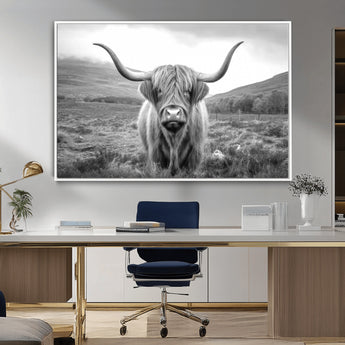 52903-MGV-CV-36X24-Highland Cow Wall Art – Black and White Canvas Print Rustic Cattle Portrait, Farmhouse Country Decor for Living Room, Office,