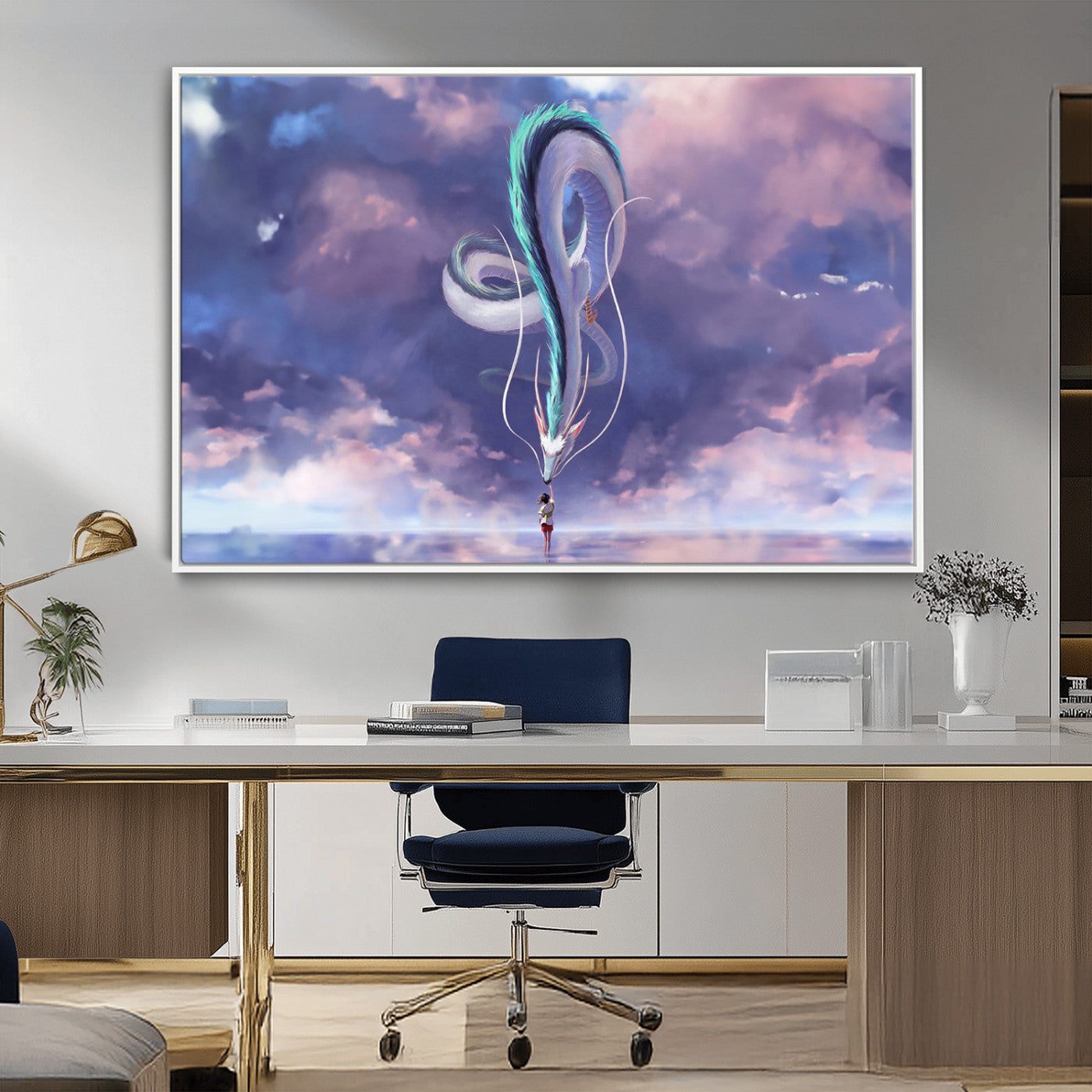 66864-MGV-FC-36X24_White-Fantasy Dragon Wall Art – Mystical Canvas Print Girl and Sky Serpent Dreamlike Clouds, Magical Anime Inspired Decor for Living