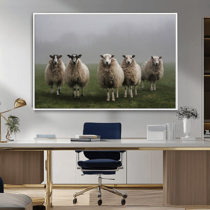 87339-MGV-FC-36X24_White-Sheep Wall Art – Rustic Farmhouse Canvas Print Flock Standing Misty Field Countryside Photography, Country Animal Decor for Living