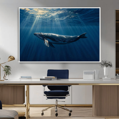 18052-MGV-FC-36X24_White-Whale Wall Art – Majestic Ocean Canvas Print Marine Life Underwater Sunlight Scene, Nautical Coastal Decor for Living Room,