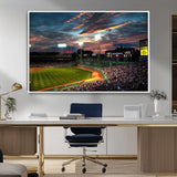 66781-MGV-FC-36X24_White-Baseball Stadium Wall Art – Canvas Print Evening Game Field Packed Crowd Sunset Sky Sports Photography, Dynamic Decor for Game