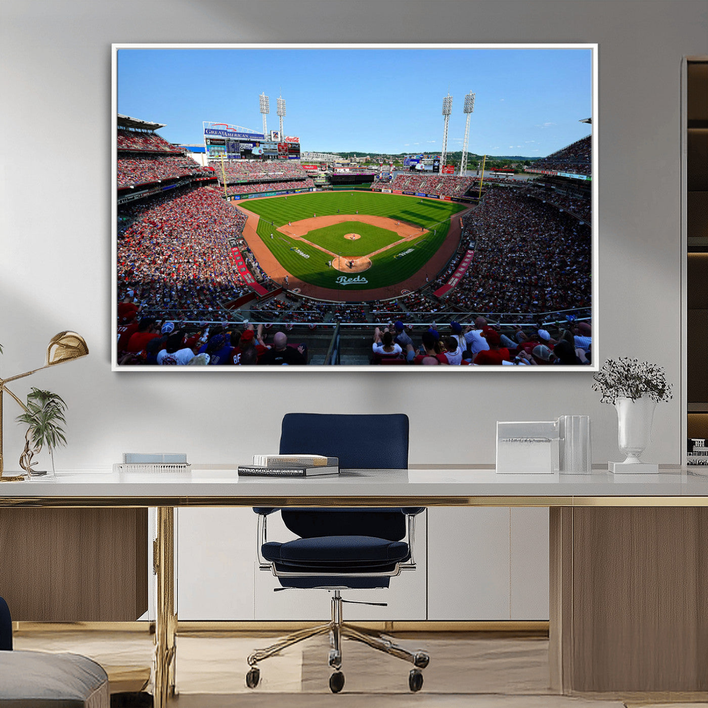 90998-MGV-CV-36X24-Baseball Stadium Wall Art – Canvas Print Day Game Field Packed Crowd Bright Blue Sky Sports Photography, Classic Decor for Game
