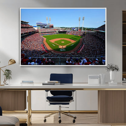 90998-MGV-CV-36X24-Baseball Stadium Wall Art – Canvas Print Day Game Field Packed Crowd Bright Blue Sky Sports Photography, Classic Decor for Game