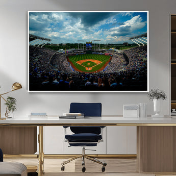 37127-MGV-FC-36X24_White-Kauffman Stadium Wall Art Canvas Print, Framed Kansas City Royals Field Art Picture Print, Baseball Stadium Perfect Sport Room