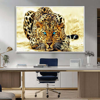 45281-MGV-FC-36X24_White-Blue Eye Leopard Wall Art Canvas Print, Framed Leopard Painting Art Picture Print, Big Cat Perfect Safari Wildlife Decor Artwork