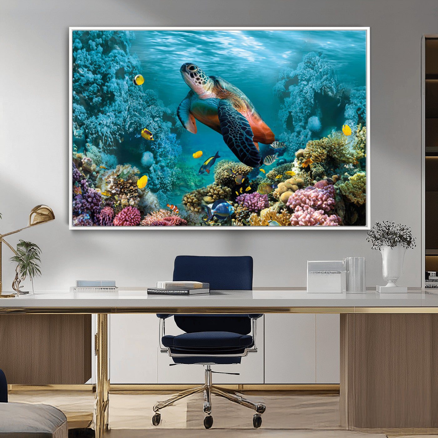 38661-MGV-FC-36X24_White-Sea Turtle Wall Art Canvas Print, Framed Ocean Wildlife Art Picture Print, Turtle Perfect Coastal Nature Decor Artwork