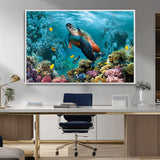 38661-MGV-FC-36X24_White-Sea Turtle Wall Art Canvas Print, Framed Ocean Wildlife Art Picture Print, Turtle Perfect Coastal Nature Decor Artwork