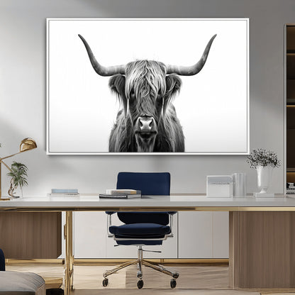 49556-MGV-CV-36X24-Highland Cow Wall Art – Black and White Scottish Highland Cattle Print, Rustic Farmhouse Minimalist Animal Portrait Canvas for