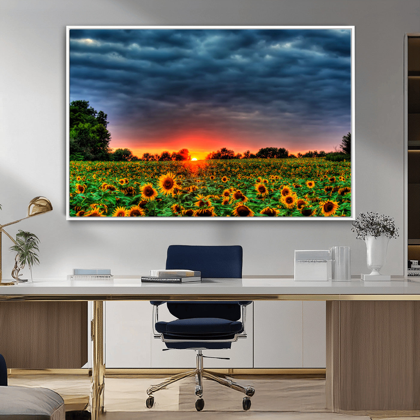 45045-MGV-CV-36X24-Sunflower Field Sunset Wall Art – Dramatic Stormy Sky Landscape Print, Vibrant Yellow Floral Nature Canvas for Living Room,