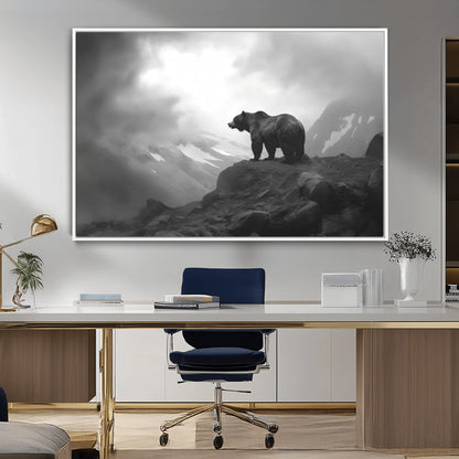 49504-MGV-CV-36X24-Black and White Grizzly Bear Wall Art – Wilderness Wildlife Painting, Rustic Mountain Cabin Decor, Monochrome Animal Print for