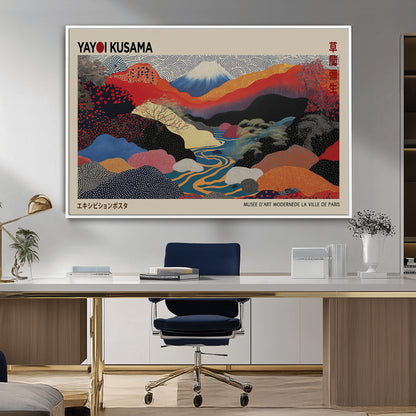 49228-MGV-FC-93X47-3P_Black-Kusama Wall Art – Vibrant Japanese Landscape Canvas Print, Modern Abstract Mountain and River Decor for Living Room, Office or Art